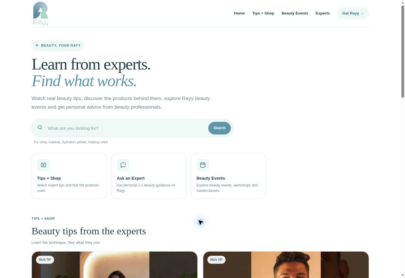 Rayy Beauty website showing expert tips, products, events and one-to-one advice